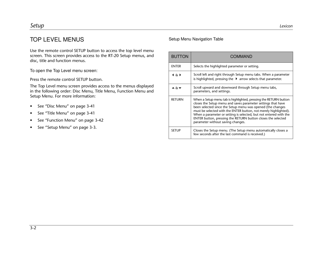 Lexicon RT-20 manual TOP Level Menus, To open the Top Level menu screen, Setup Menu Navigation Table 