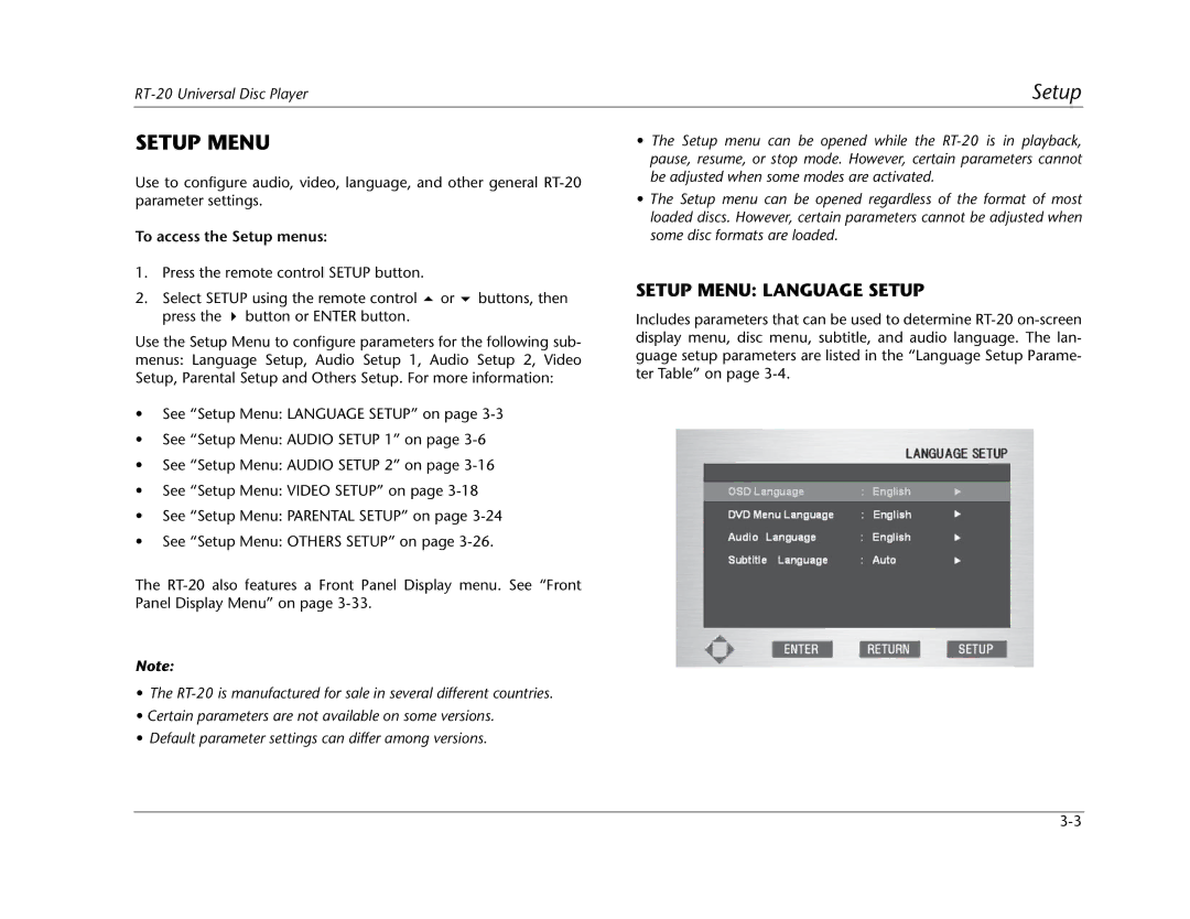 Lexicon RT-20 manual Setup Menu Language Setup, To access the Setup menus 