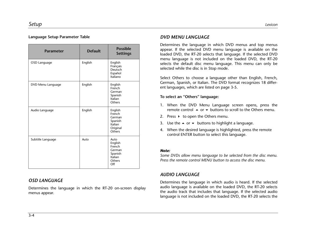 Lexicon RT-20 OSD Language, DVD Menu Language, Audio Language, Language Setup Parameter Table Default Possible Settings 