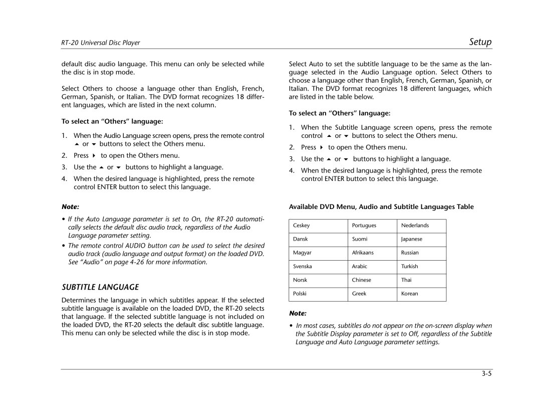 Lexicon RT-20 manual Available DVD Menu, Audio and Subtitle Languages Table 