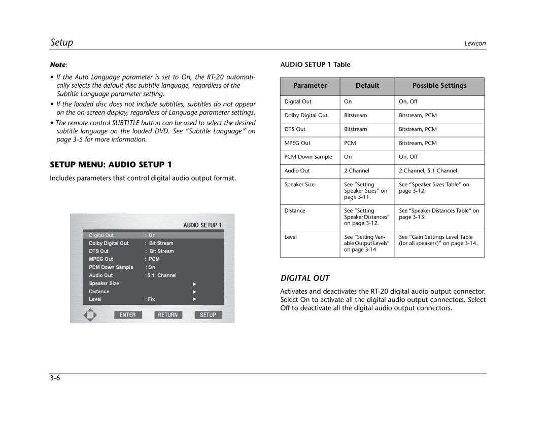 Lexicon RT-20 manual Setup Menu Audio Setup, Digital OUT, Audio Setup 1 Table Parameter Default Possible Settings 