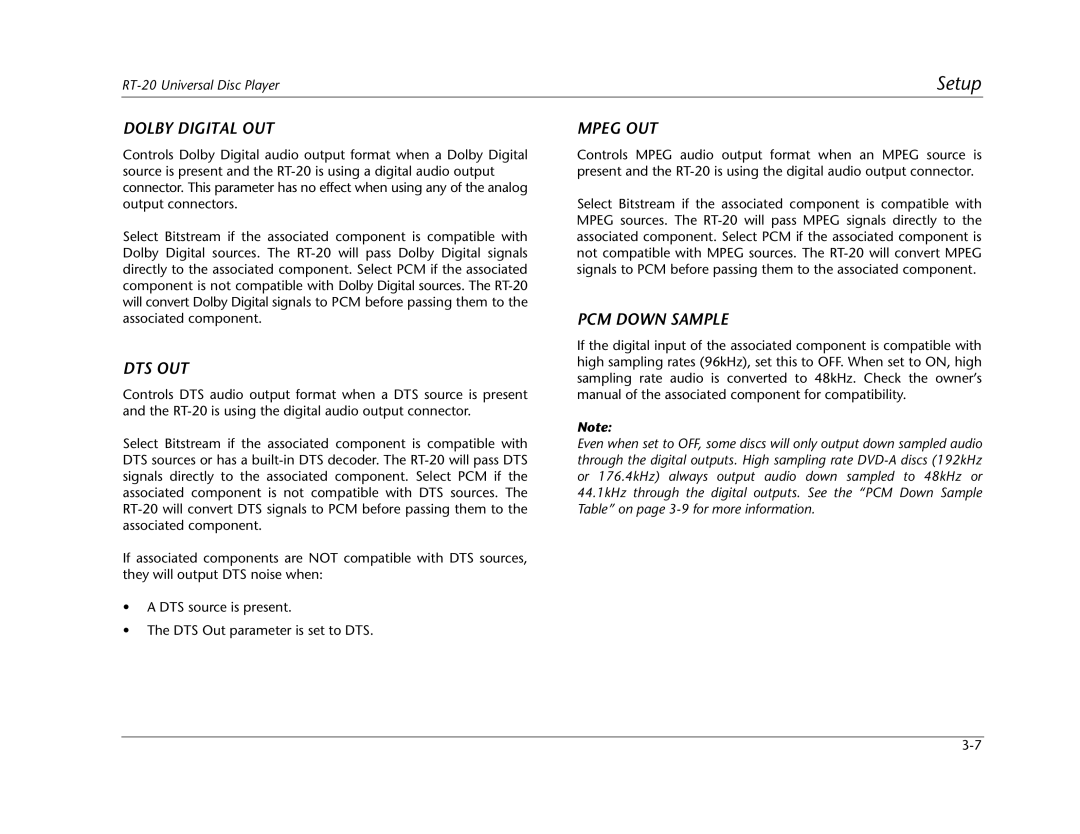 Lexicon RT-20 manual Dolby Digital OUT, Dts Out, Mpeg OUT, PCM Down Sample 