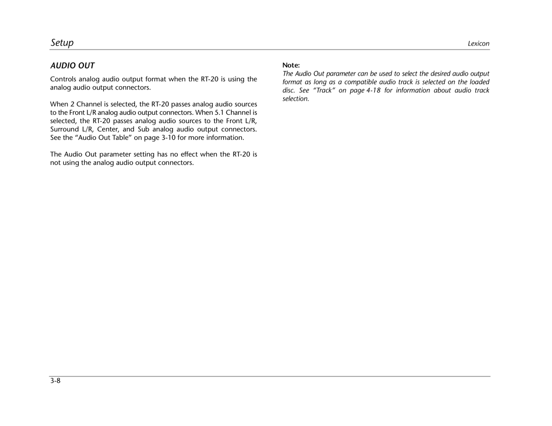 Lexicon RT-20 manual Audio OUT 