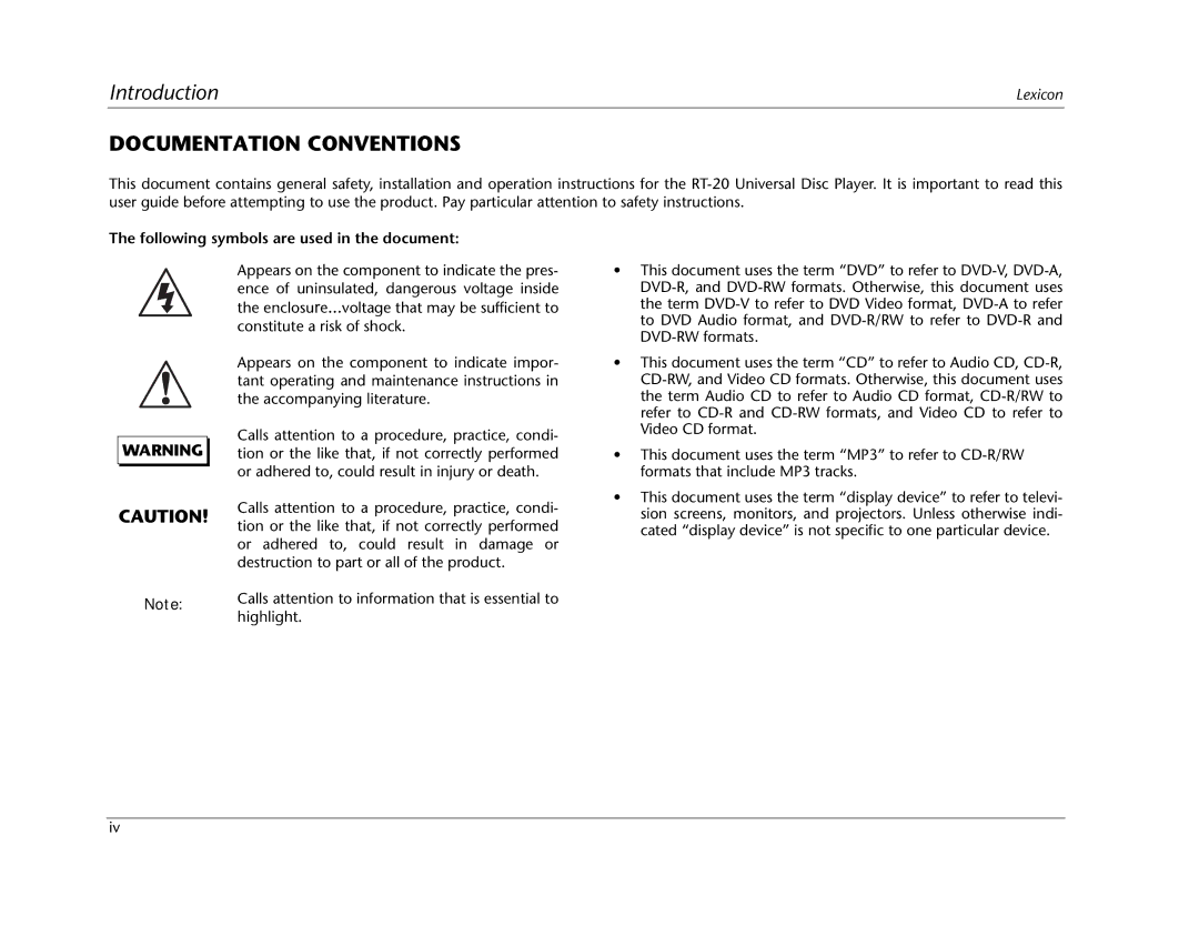 Lexicon RT-20 manual Documentation Conventions, Following symbols are used in the document 