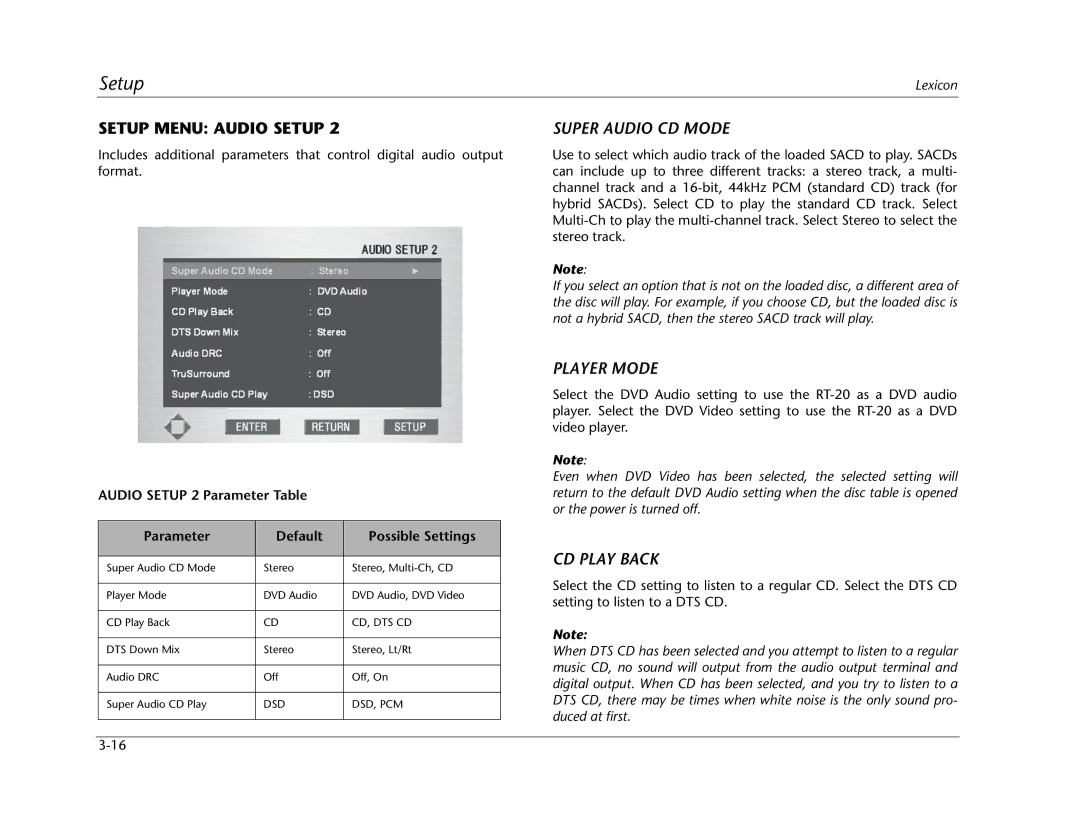 Lexicon RT-20 Super Audio CD Mode, Player Mode, CD Play Back, Audio Setup 2 Parameter Table Default Possible Settings 