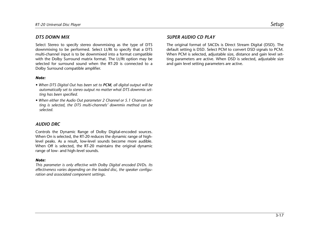 Lexicon RT-20 manual DTS Down MIX, Audio DRC, Super Audio CD Play 