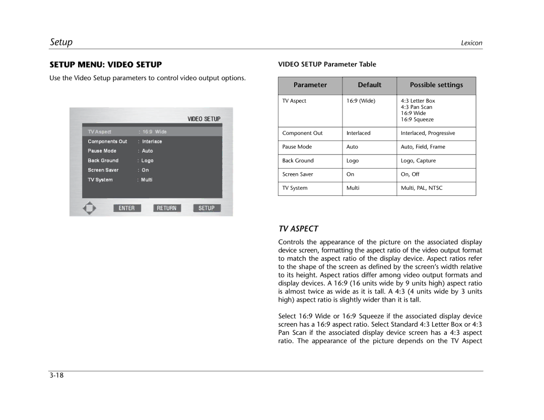 Lexicon RT-20 manual Setup Menu Video Setup, TV Aspect, Video Setup Parameter Table Default Possible settings 