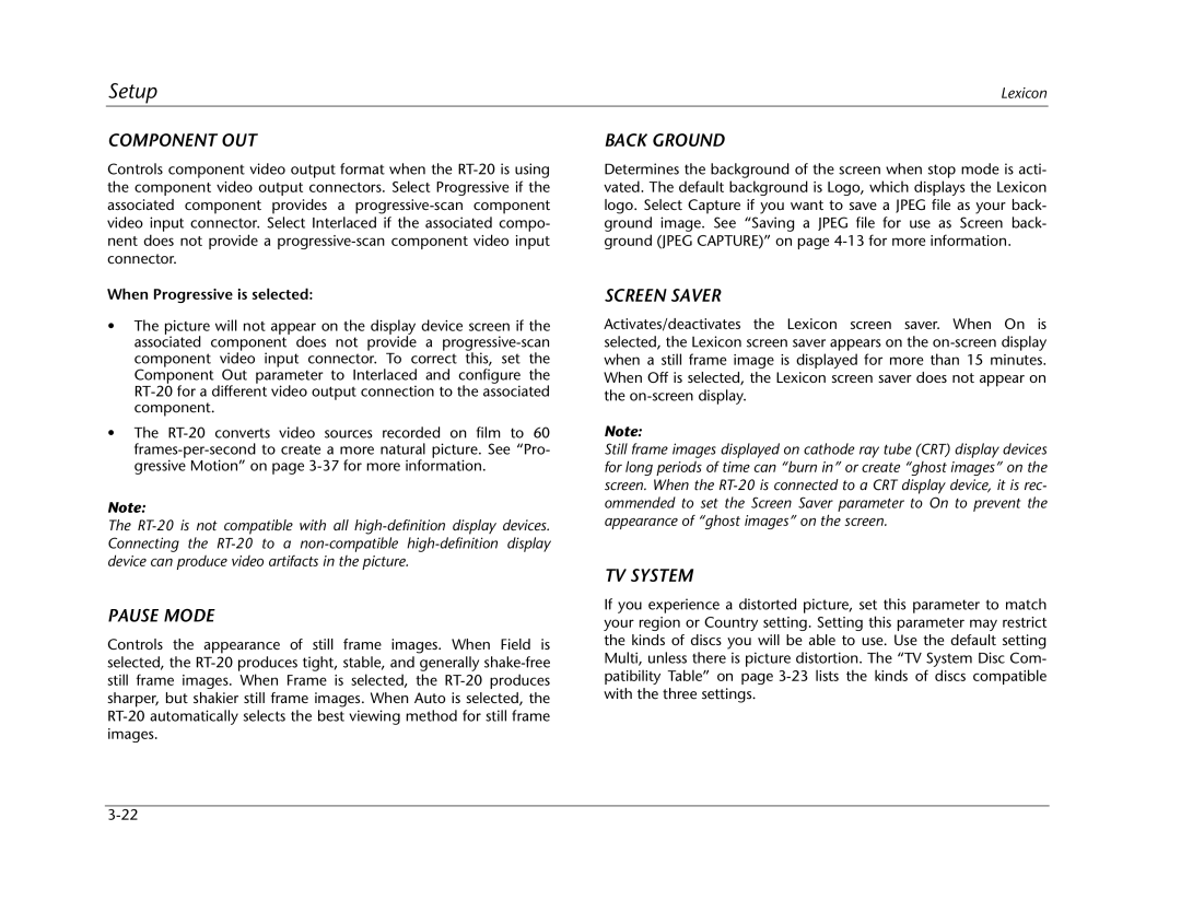 Lexicon RT-20 manual Component OUT, Pause Mode, Back Ground, Screen Saver, TV System 