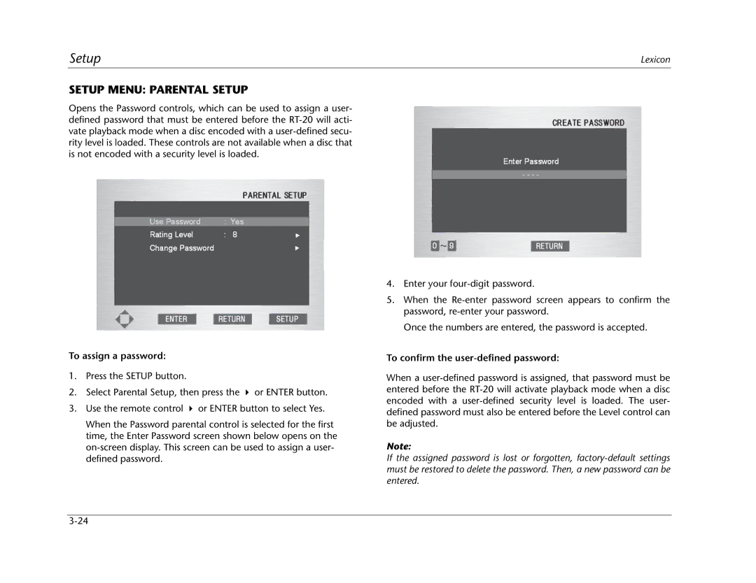 Lexicon RT-20 manual Setup Menu Parental Setup, To assign a password, To confirm the user-defined password 