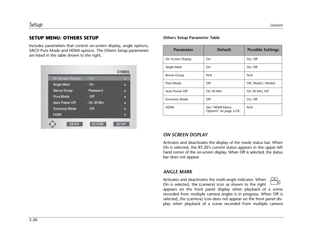 Lexicon RT-20 manual Setup Menu Others Setup, On Screen Display, Angle Mark 