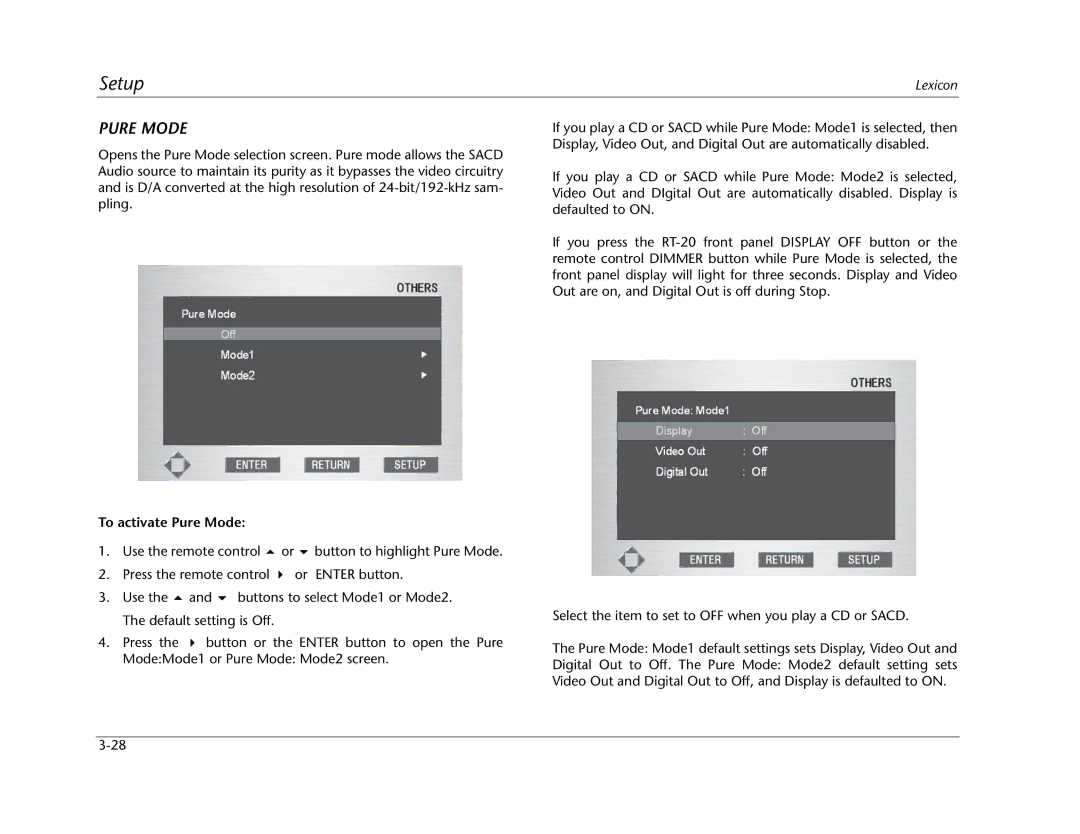 Lexicon RT-20 manual To activate Pure Mode 