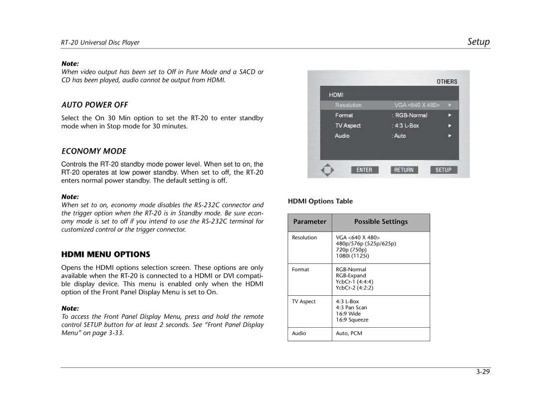 Lexicon RT-20 manual Auto Power OFF, Economy Mode, Hdmi Menu Options, Hdmi Options Table Parameter Possible Settings 