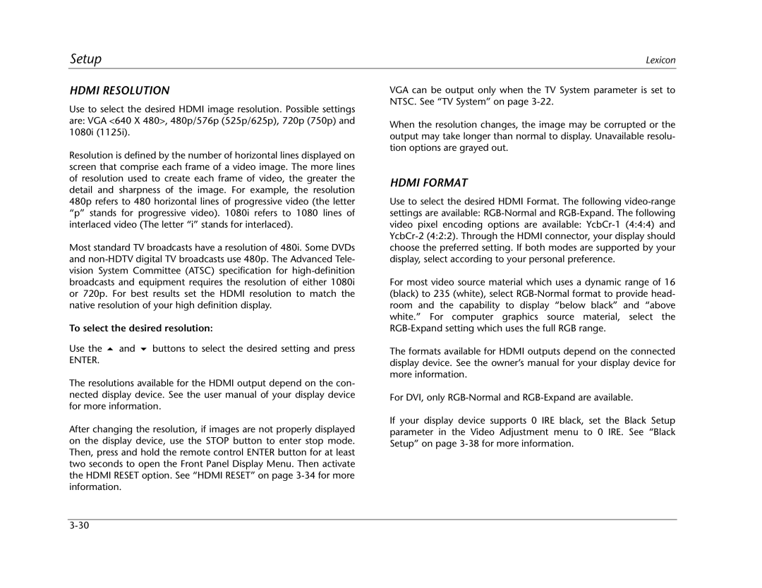 Lexicon RT-20 manual Hdmi Resolution, Hdmi Format, To select the desired resolution 