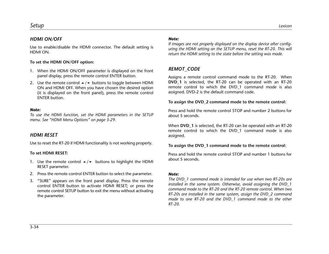 Lexicon RT-20 manual Hdmi ON/OFF, Hdmi Reset, Remotcode 