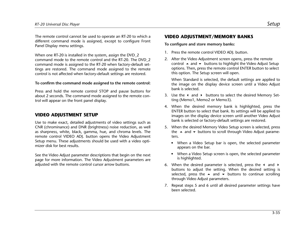 Lexicon RT-20 manual Video Adjustment Setup, Video ADJUSTMENT/MEMORY Banks, To configure and store memory banks 