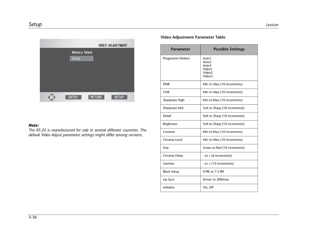 Lexicon RT-20 manual Video Adjustment Parameter Table Possible Settings, Cnr 