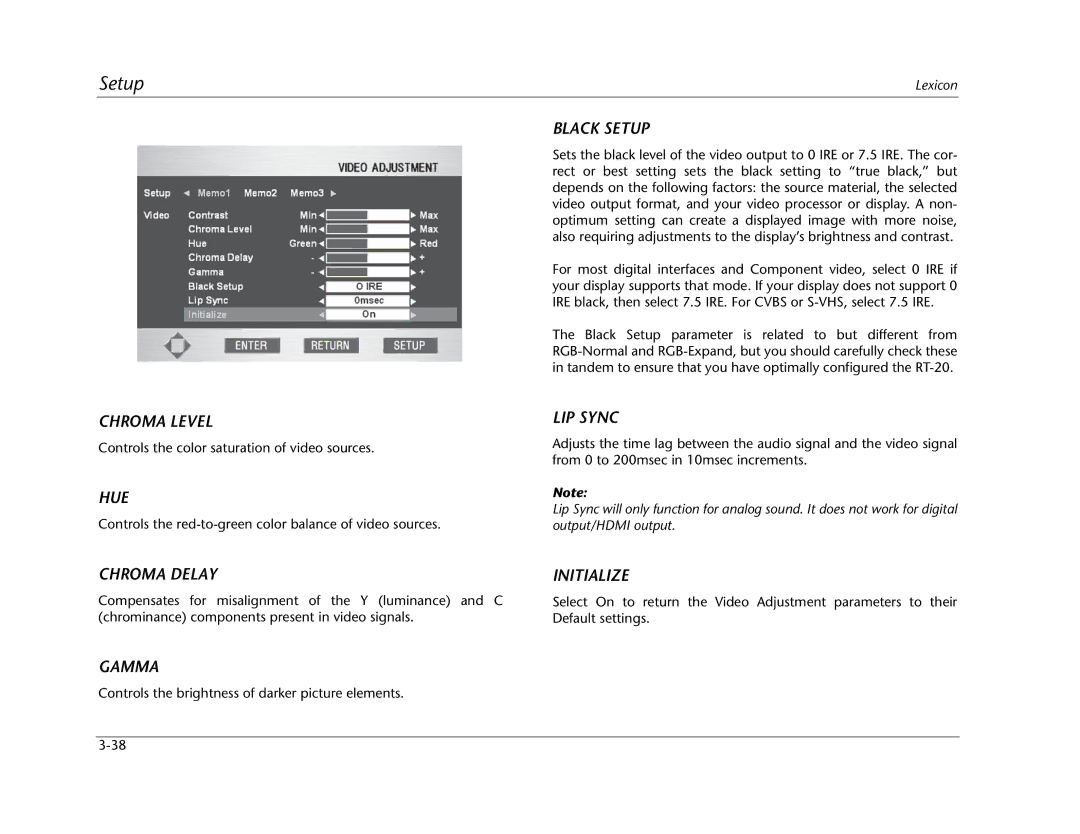 Lexicon RT-20 manual Chroma Level, Hue, Chroma Delay, Gamma, Black Setup, LIP Sync, Initialize 