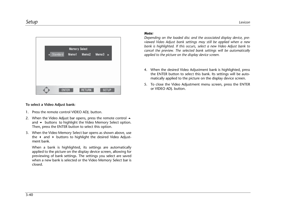 Lexicon RT-20 manual To select a Video Adjust bank 