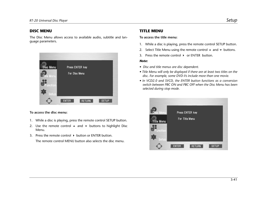 Lexicon RT-20 manual Disc Menu, Title Menu, To access the disc menu, To access the title menu 