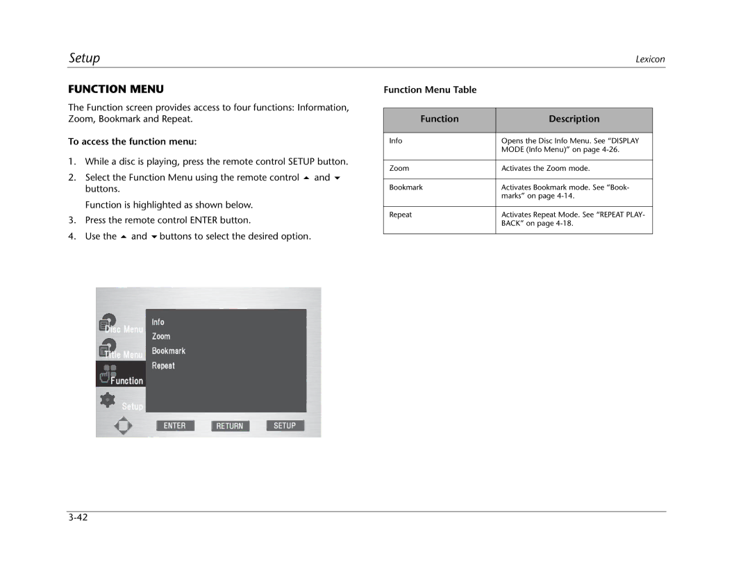 Lexicon RT-20 manual To access the function menu, Function Menu Table Description 