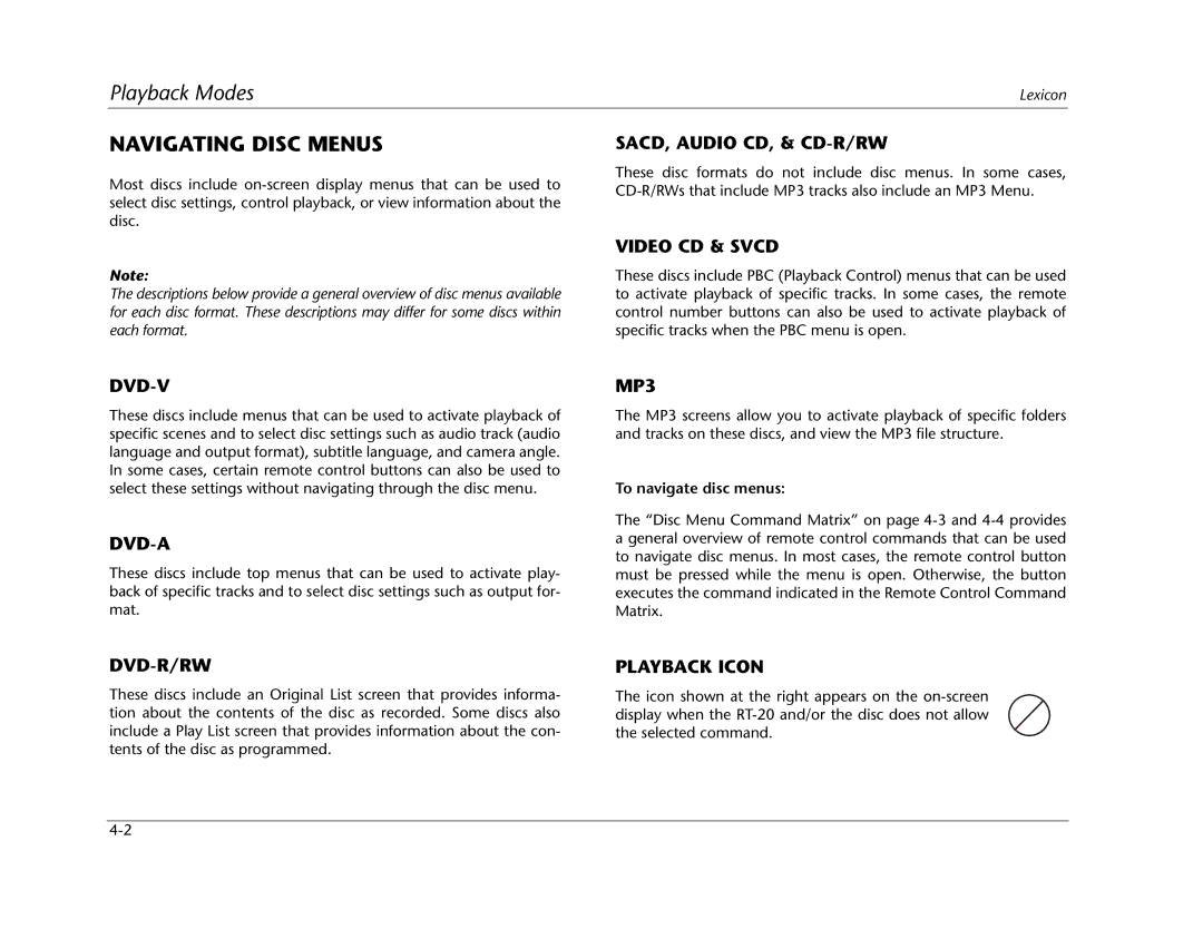 Lexicon RT-20 manual Navigating Disc Menus 