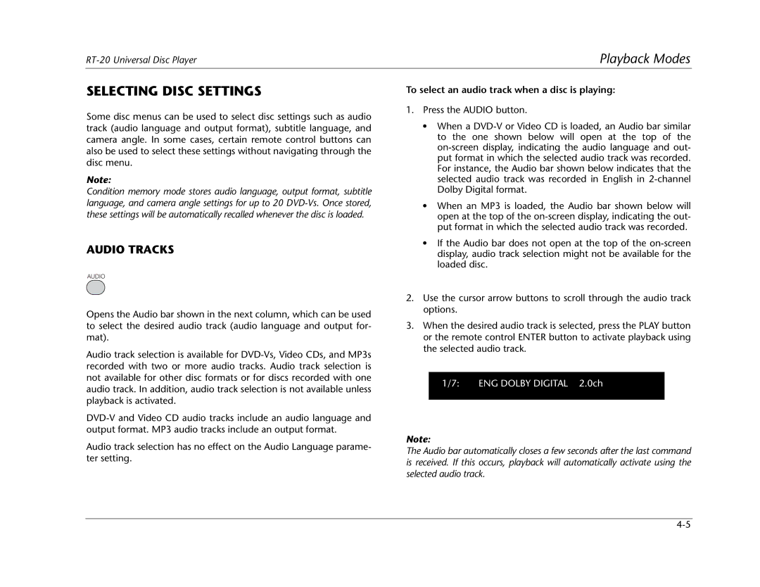 Lexicon RT-20 manual Selecting Disc Settings, Audio Tracks, To select an audio track when a disc is playing 