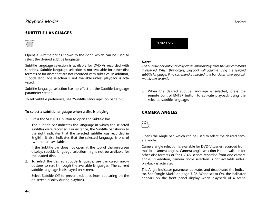 Lexicon RT-20 manual Subtitle Languages, Camera Angles, To select a subtitle language when a disc is playing 