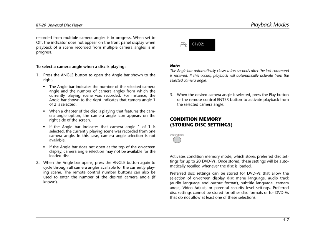 Lexicon RT-20 manual Condition Memory Storing Disc Settings, To select a camera angle when a disc is playing 