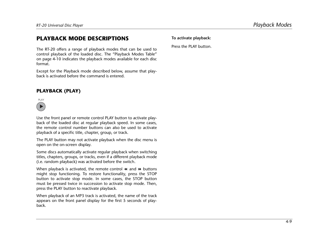 Lexicon RT-20 manual Playback Mode Descriptions, Playback Play 