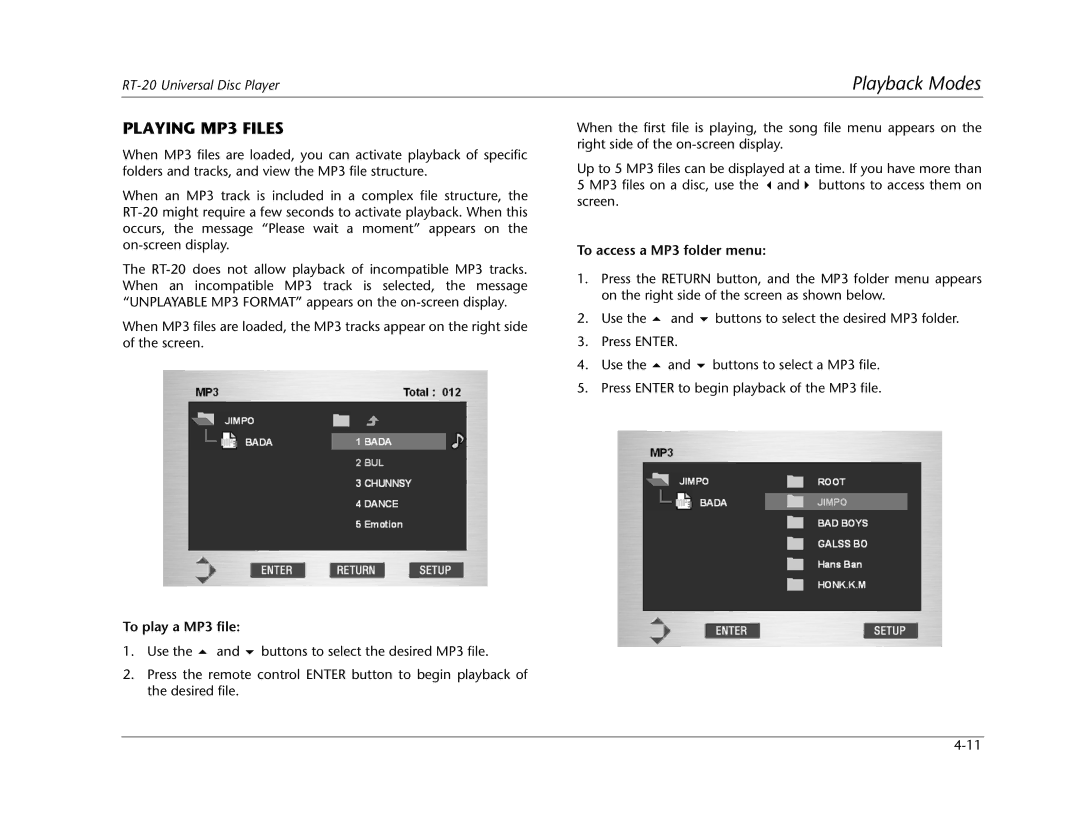 Lexicon RT-20 manual Playing MP3 Files, To play a MP3 file, To access a MP3 folder menu 