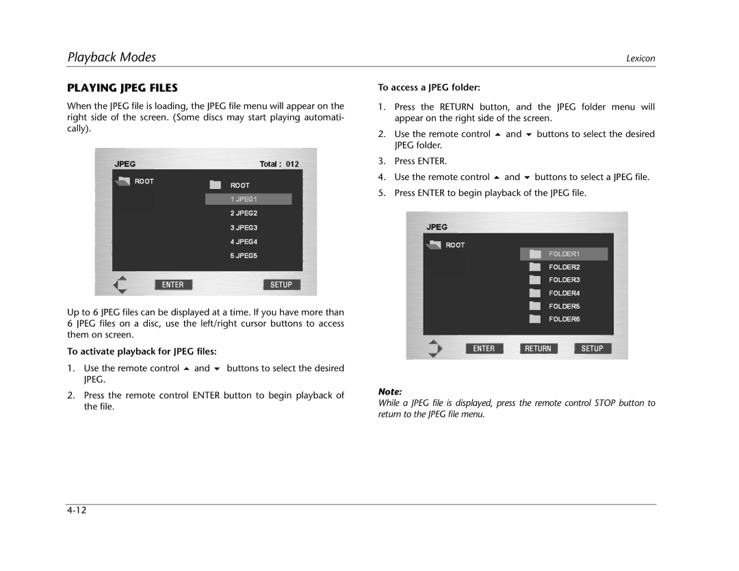 Lexicon RT-20 manual Playing Jpeg Files, To activate playback for Jpeg files, To access a Jpeg folder 