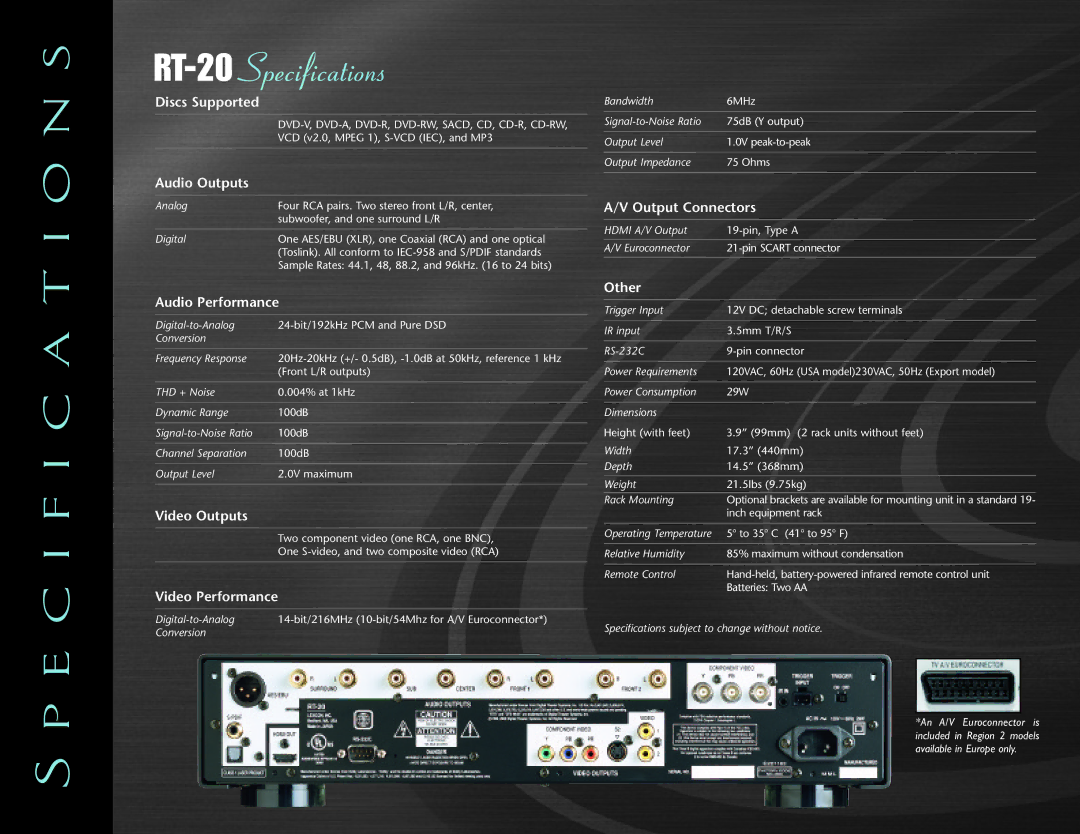 Lexicon manual Specification s, RT-20Specifications 