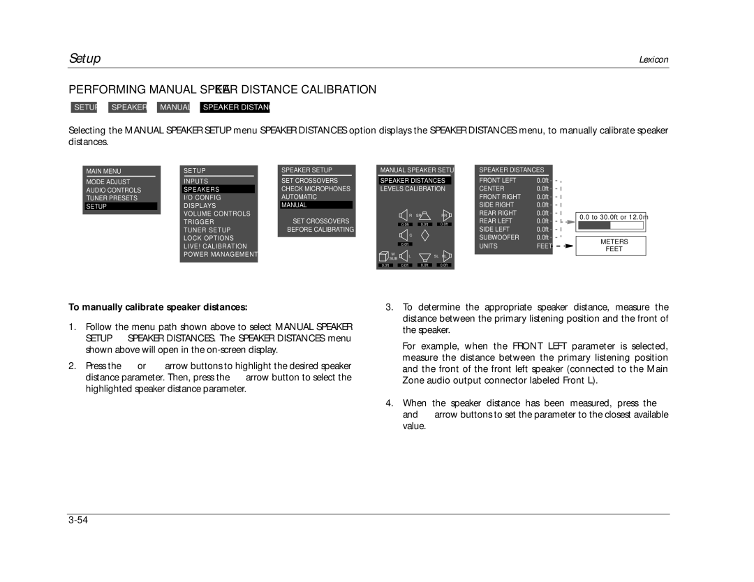 Lexicon RV-8 Performing Manual Speaker Distance Calibration, To manually calibrate speaker distances, Setup 