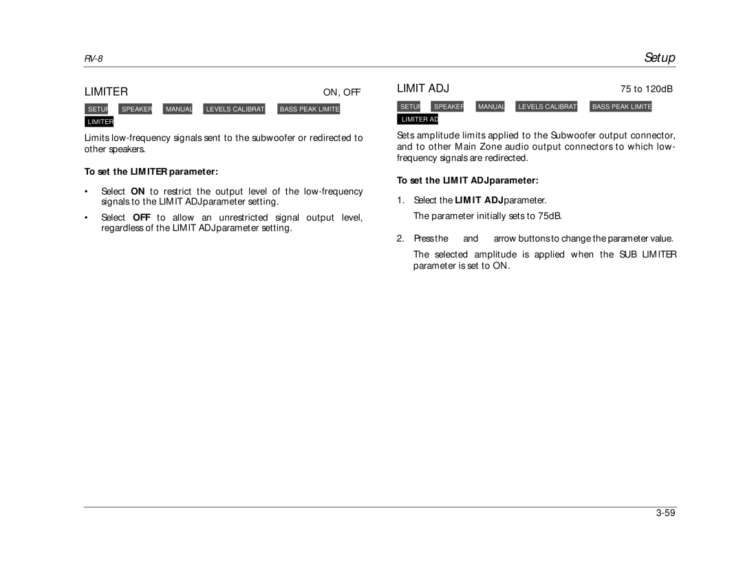 Lexicon RV-8 manual To set the Limiter parameter, To set the Limit ADJ parameter 