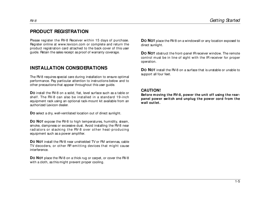 Lexicon RV-8 manual Product Registration Installation Considerations 