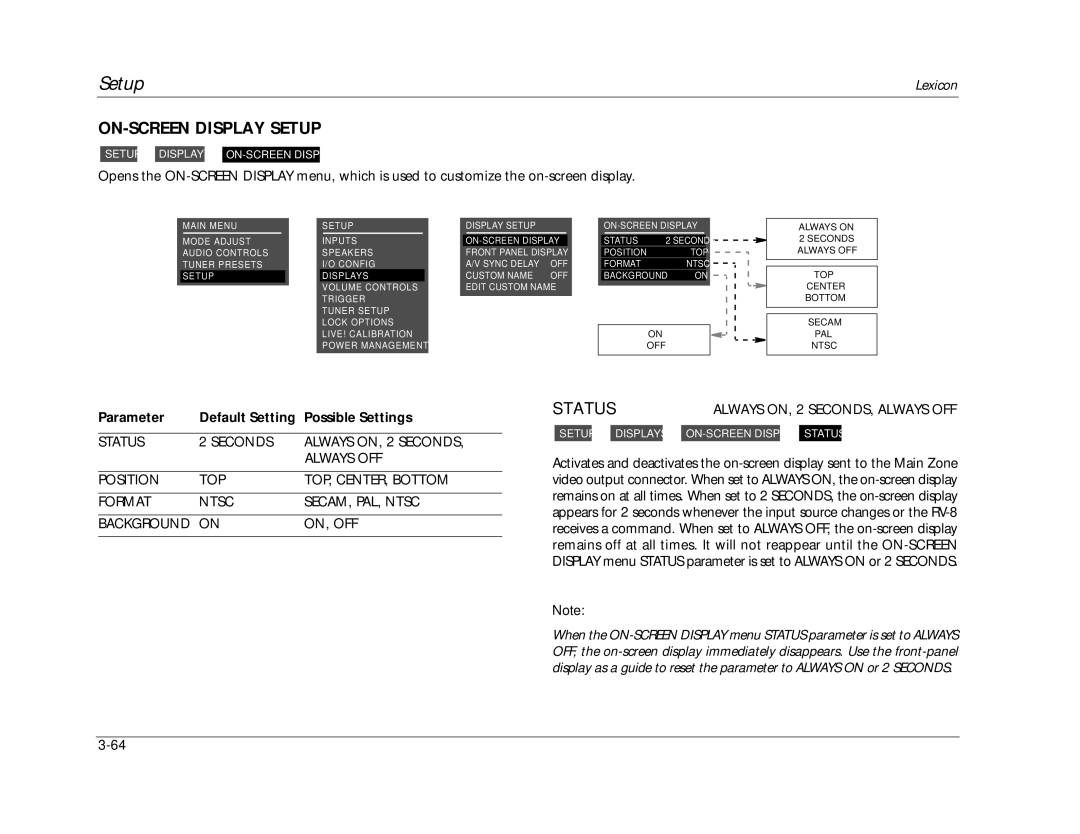 Lexicon RV-8 manual ON-SCREEN Display Setup, Parameter Default Setting Possible Settings 