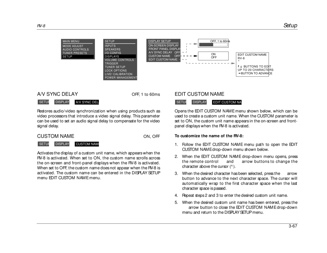 Lexicon manual Sync Delay, Edit Custom Name, To customize the name of the RV-8 