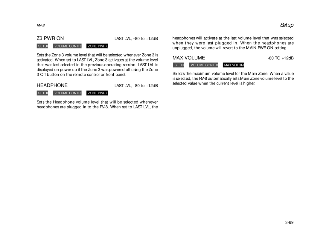 Lexicon RV-8 manual Z3 PWR on, Headphone, MAX Volume 