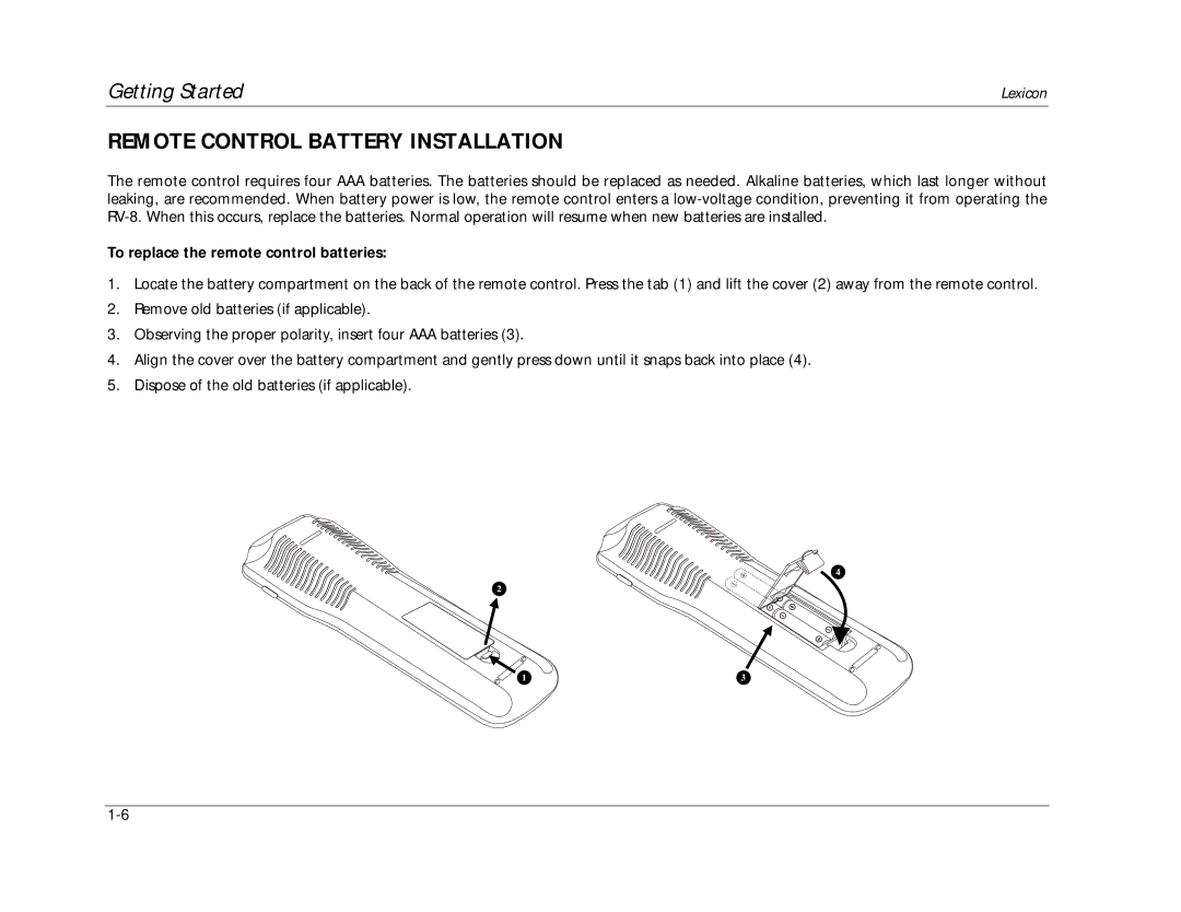 Lexicon RV-8 manual Remote Control Battery Installation, To replace the remote control batteries 