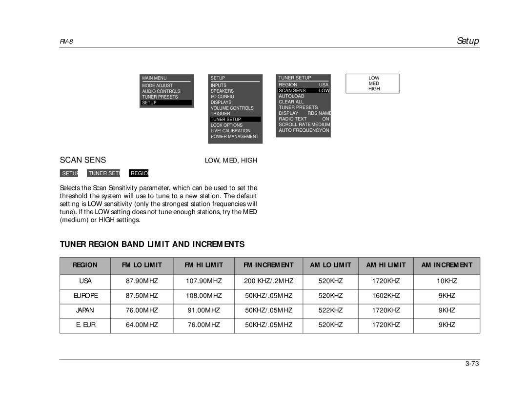 Lexicon RV-8 manual Scan Sens, Tuner Region Band Limit and Increments, 10KHZ, 9KHZ 