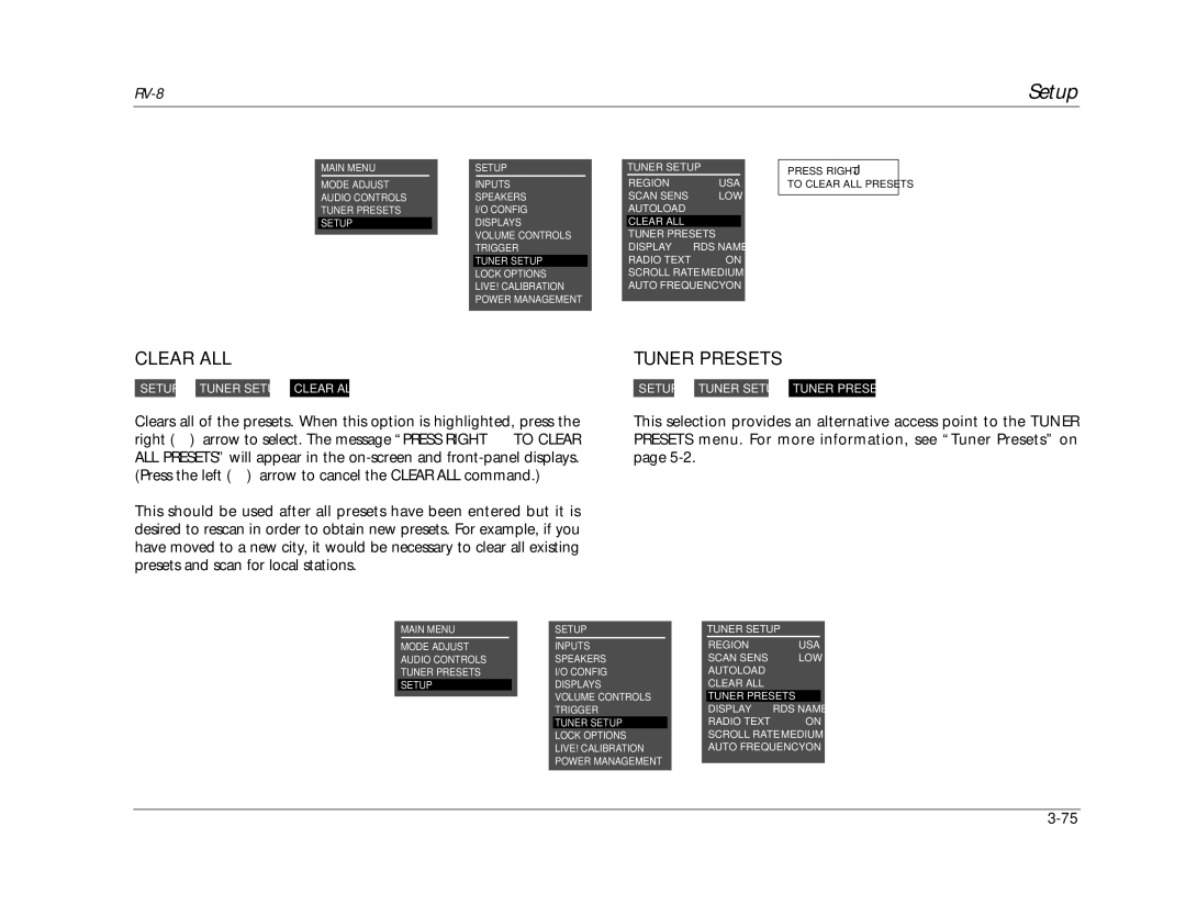 Lexicon RV-8 manual Clear ALL, Tuner Presets 