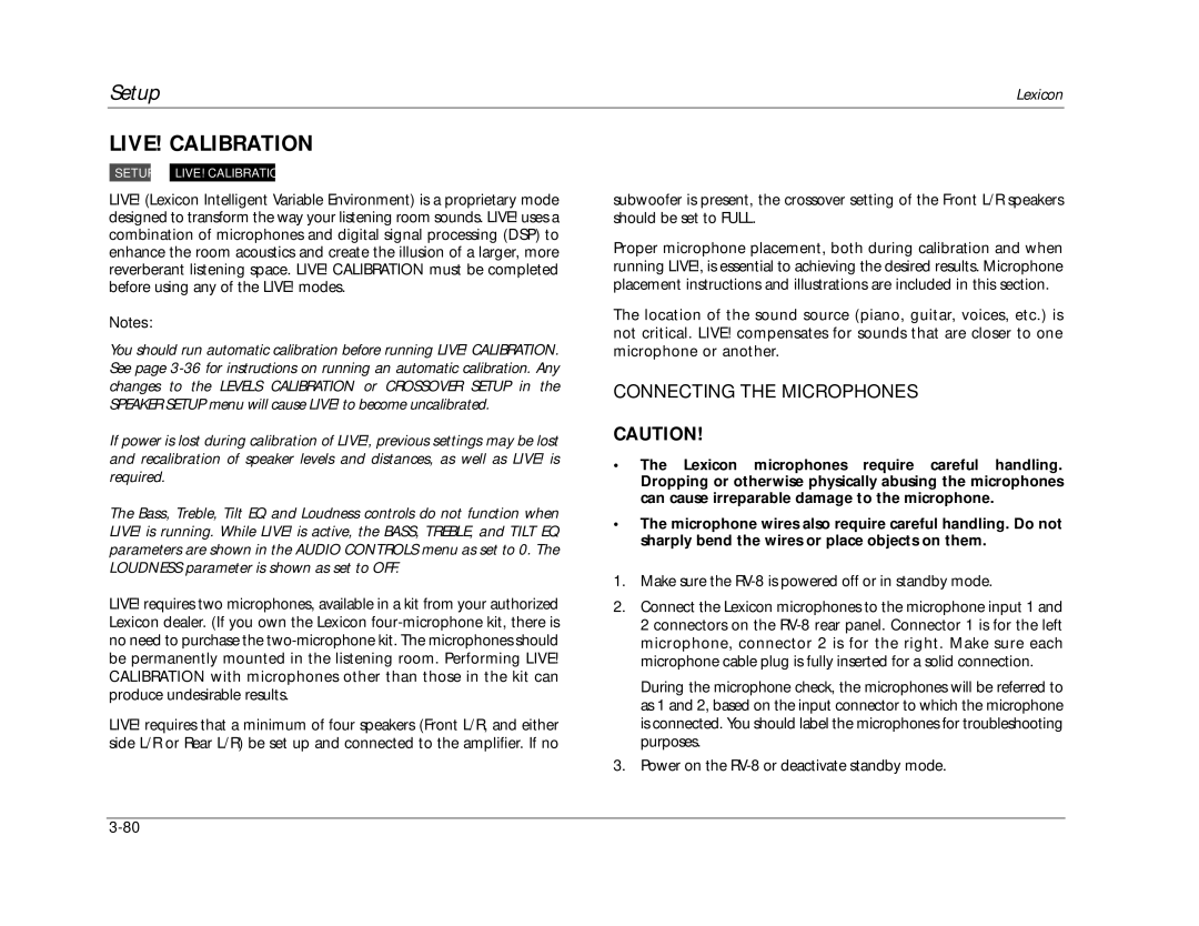 Lexicon RV-8 manual LIVE! Calibration, Connecting the Microphones 