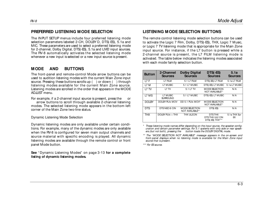 Lexicon RV-8 manual Preferred Listening Mode Selection, Mode and Buttons, Listening Mode Selection Buttons, Dts-Es 