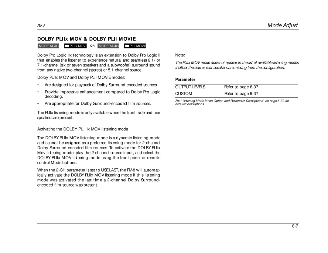 Lexicon RV-8 manual Dolby PLIIx MOV & Dolby Plii Movie, Activating the Dolby PLIIx MOV listening mode 