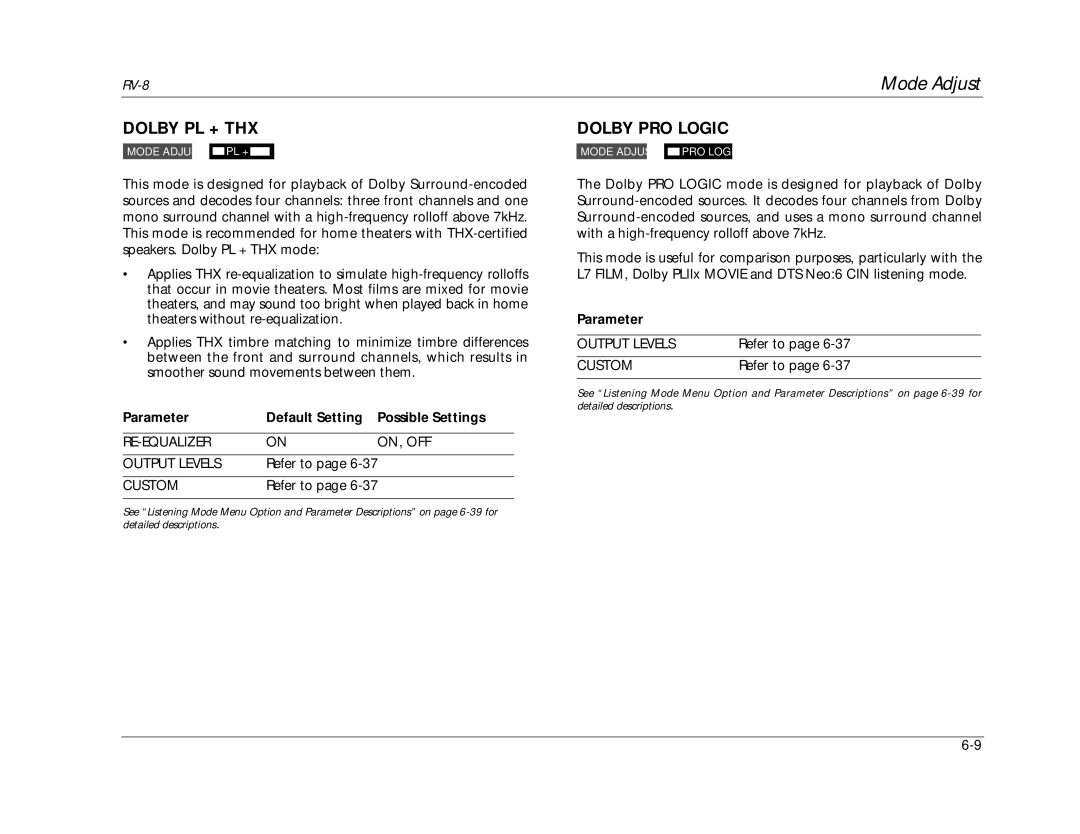 Lexicon RV-8 manual Dolby PL + THX, Dolby PRO Logic 