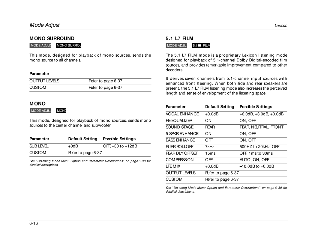 Lexicon RV-8 manual Mono Surround, L7 Film, Compression OFF AUTO, ON, OFF LFE MIX 