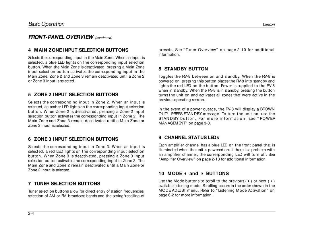 Lexicon RV-8 manual Main Zone Input Selection Buttons, Zone 2 Input Selection Buttons, Zone 3 Input Selection Buttons 