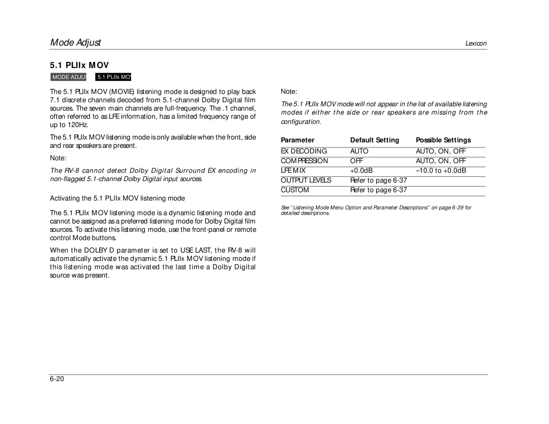 Lexicon RV-8 manual PLIIx MOV, EX Decoding Auto AUTO, ON, OFF Compression LFE MIX 