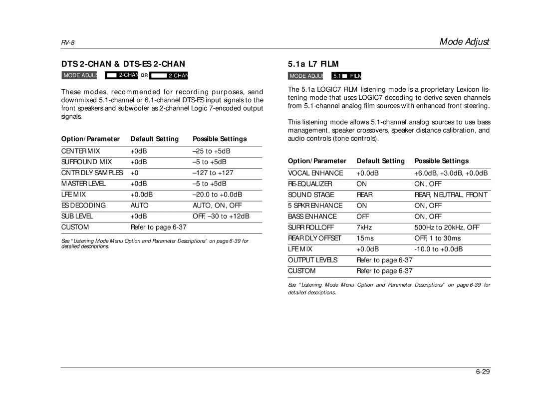 Lexicon RV-8 manual DTS 2-CHAN & DTS-ES 2-CHAN, 1a L7 Film, ES Decoding Auto AUTO, ON, OFF SUB Level 