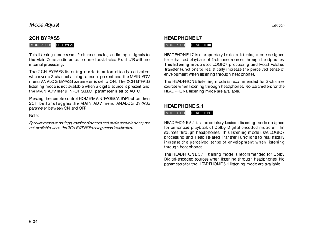 Lexicon RV-8 manual 2CH Bypass, Headphone L7 